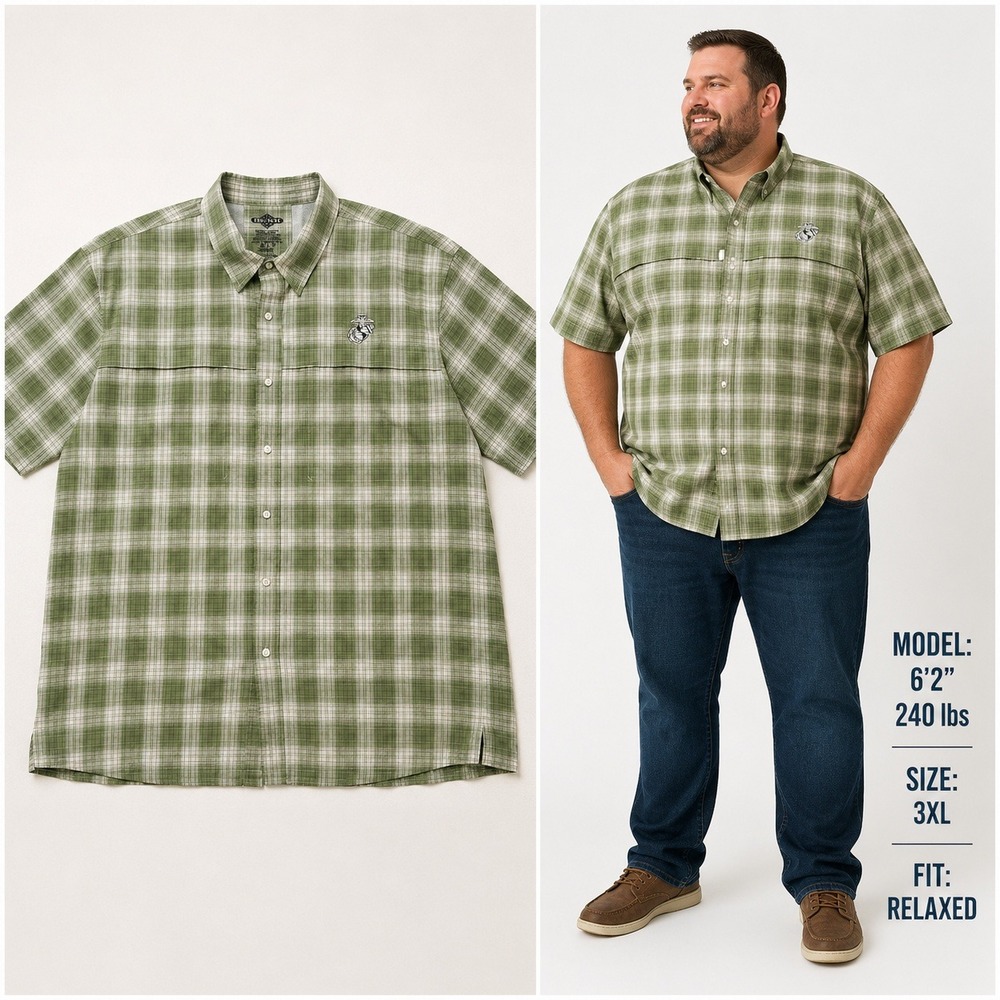 TruSpec Mens 3XL Green Plaid USMC Tactical Fishing Shirt Short Sleeve Snap Front